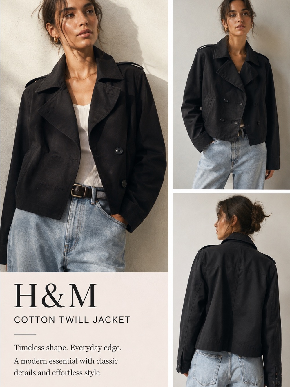 H&M Black Cropped Cotton Twill Trench Jacket
